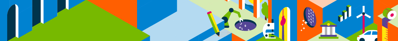 Study Information Days | 8–11 June ➔ Colourful, stylised illustration featuring symbols from science, technology, business and design representing different fields of study.